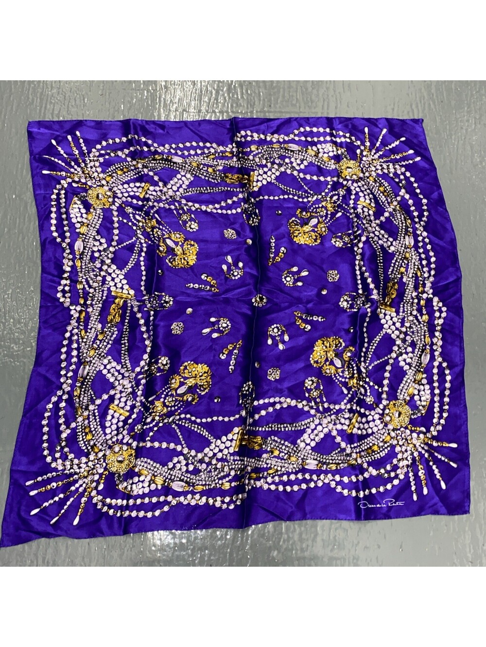 Vintage Oscar de la Renta Baroque Gold Chain & Pearls silk scarf Large